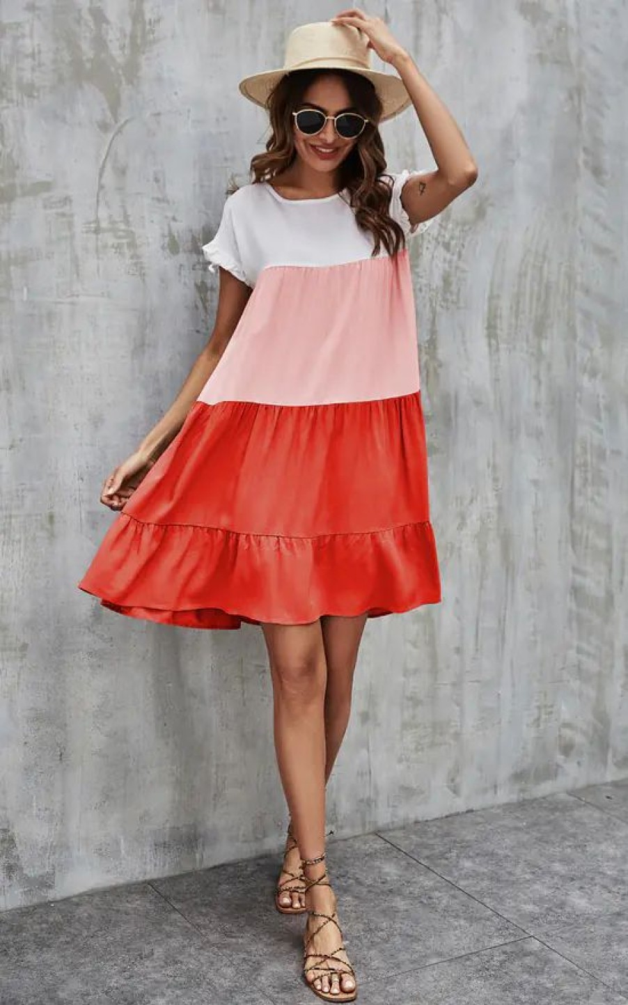 Dresses * | Brand New Fs Collection Tiered Smock Dress In White & Red & Pink