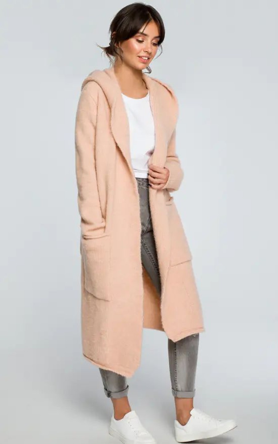 Knitwear * | Best Sale Moe Light Pink Hooded Long Cardigan