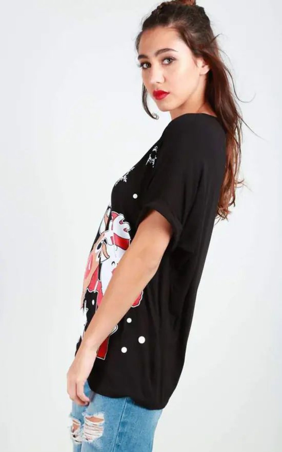 Tops * | New Oops Fashion Christmas Graphic Print T Shirt In Black