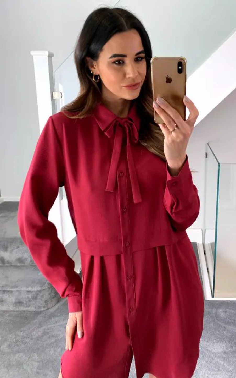 Tops * | Best Pirce Hoxton Gal Long Sleeves Tie Neck Oversized Shirt In Burgundy