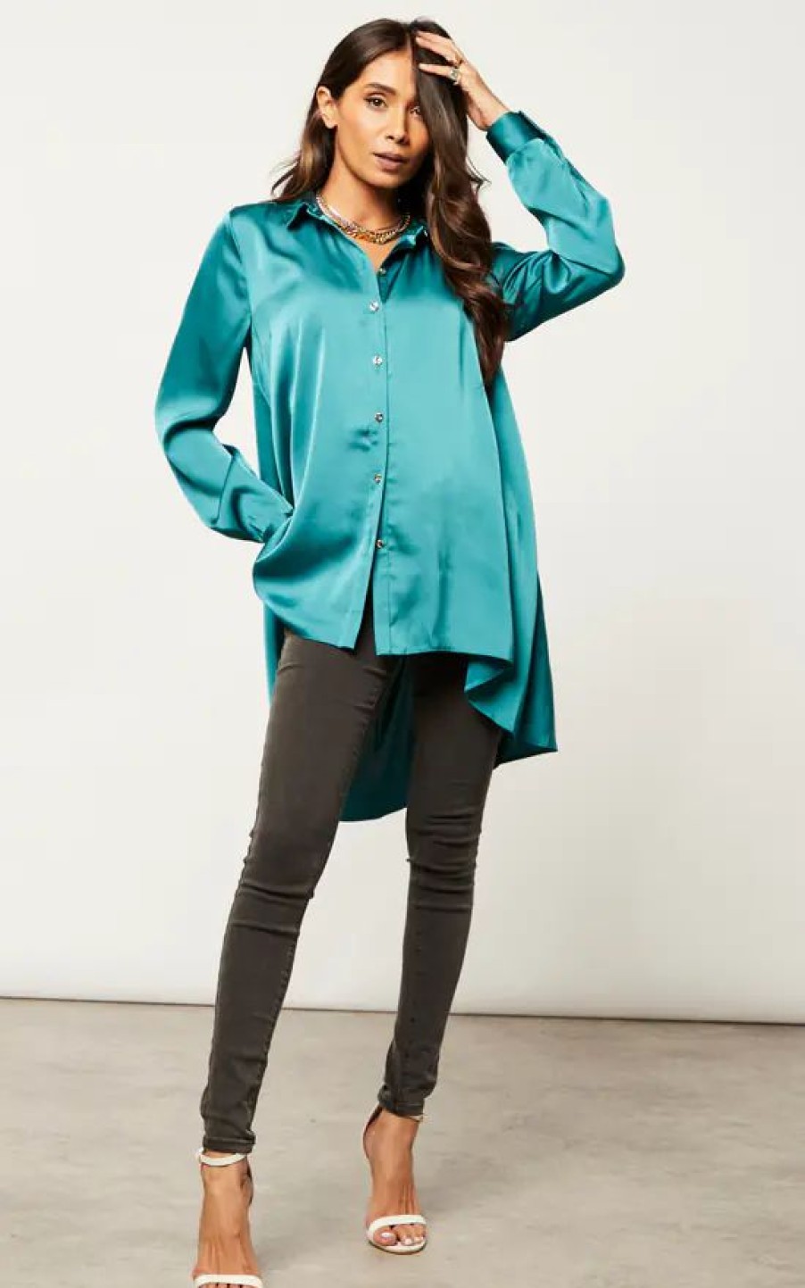 Tops * | Buy Edie B. Lori Teal Satin Blouse With Hi Lo Hem