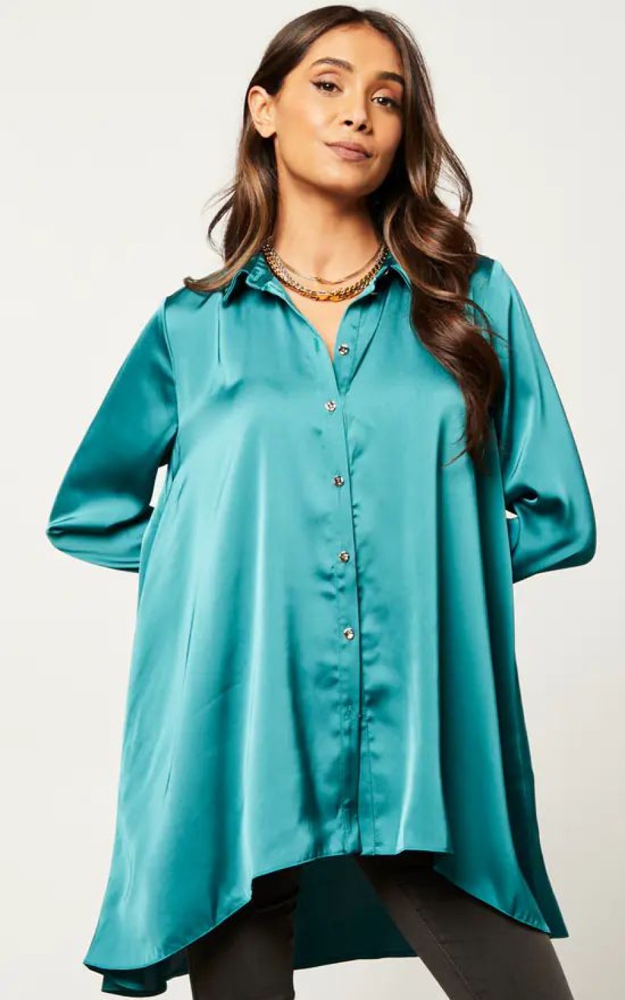 Tops * | Buy Edie B. Lori Teal Satin Blouse With Hi Lo Hem