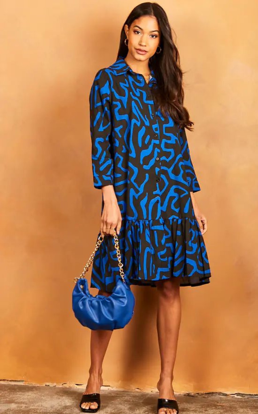 Dresses * | Promo Bella And Blue Geometric Print Midi Shirt Dress In Blue