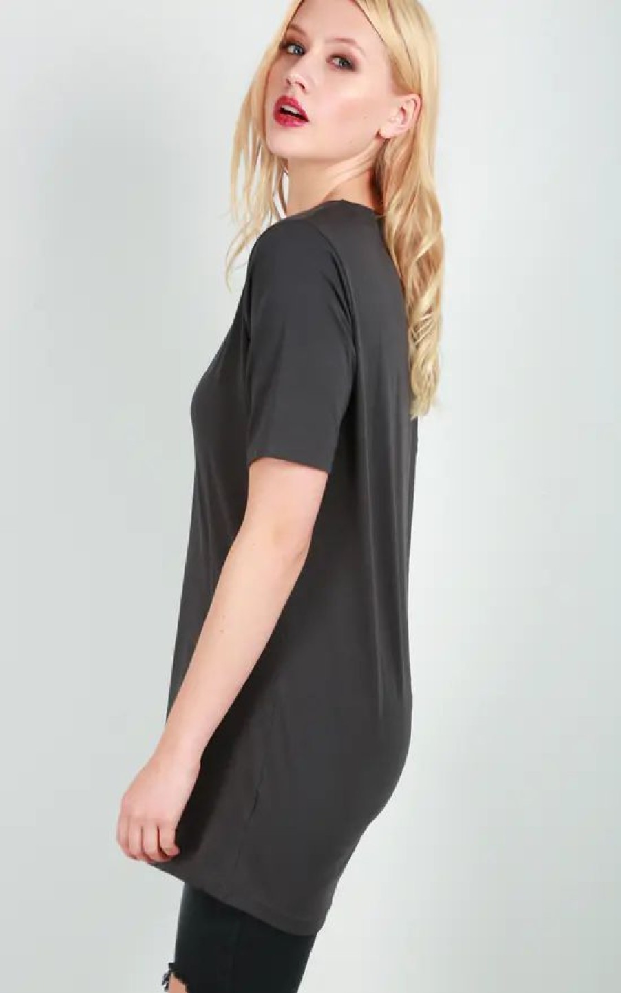 Dresses * | Budget Oops Fashion Short Sleeve Basic Tshirt Dress In Charcoal