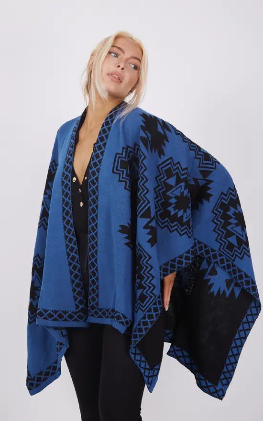 Knitwear * | Best Deal Boutique Store Blue And Black Aztec Print Reversible Poncho One Size Fit (10 20)