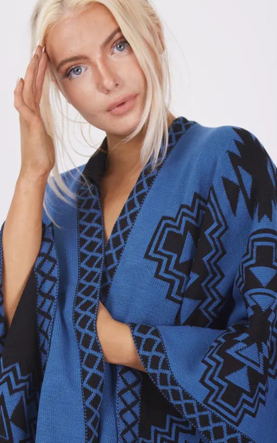 Knitwear * | Best Deal Boutique Store Blue And Black Aztec Print Reversible Poncho One Size Fit (10 20)