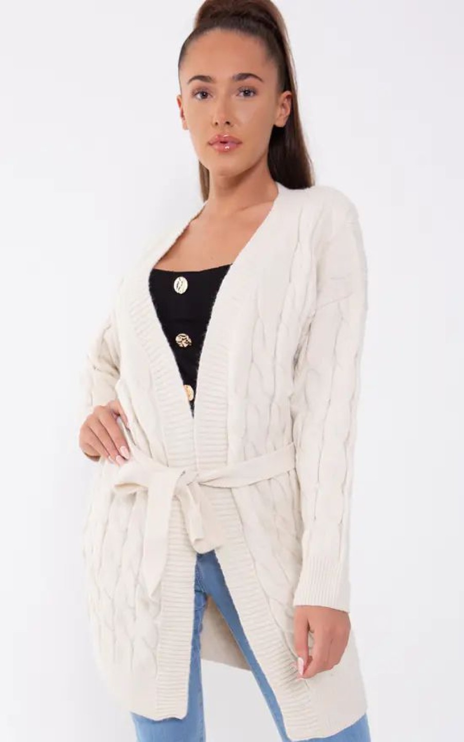 Knitwear * | Best Sale Boutique Store Beige Cable Knit Belted Cardigan