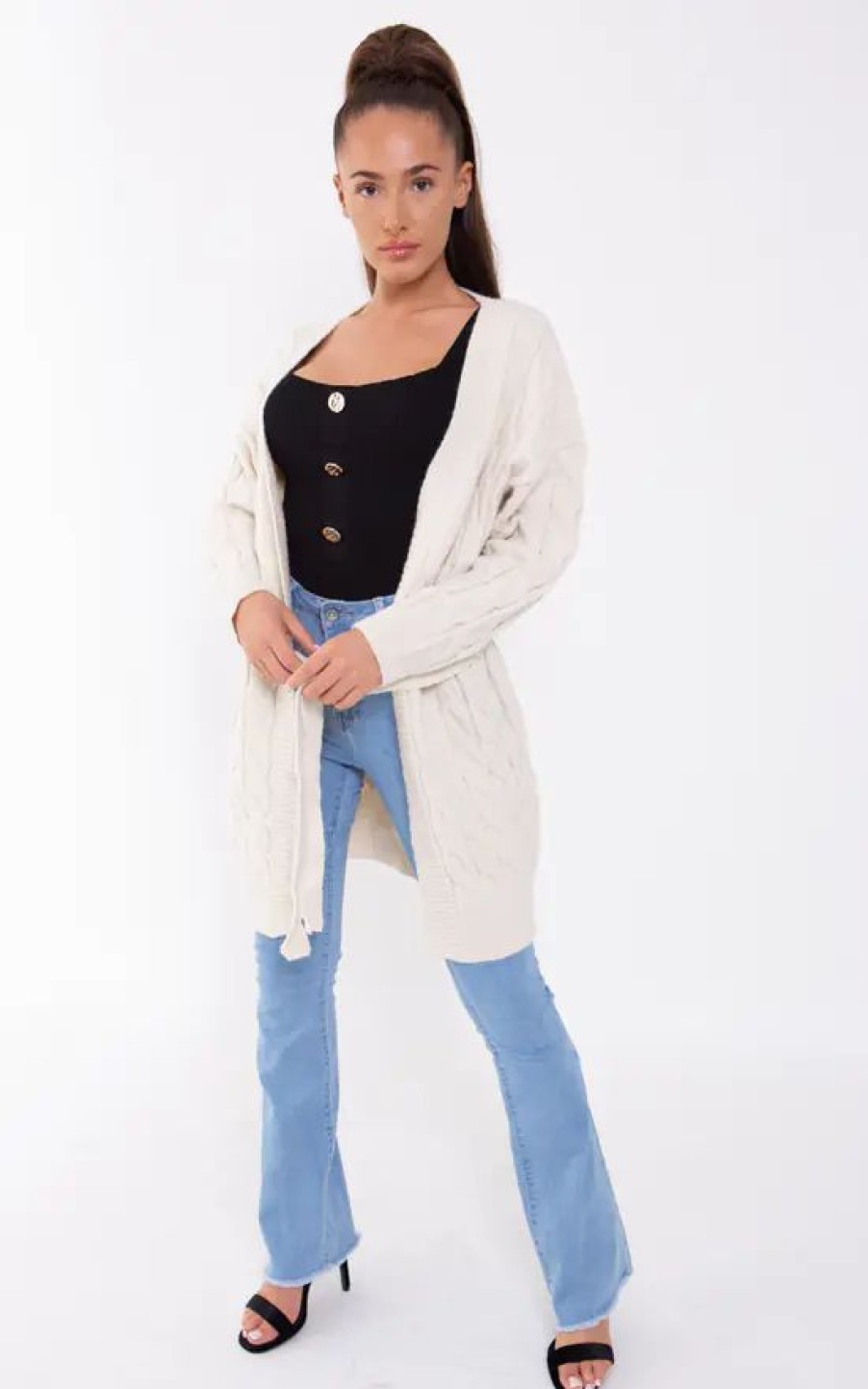 Knitwear * | Best Sale Boutique Store Beige Cable Knit Belted Cardigan