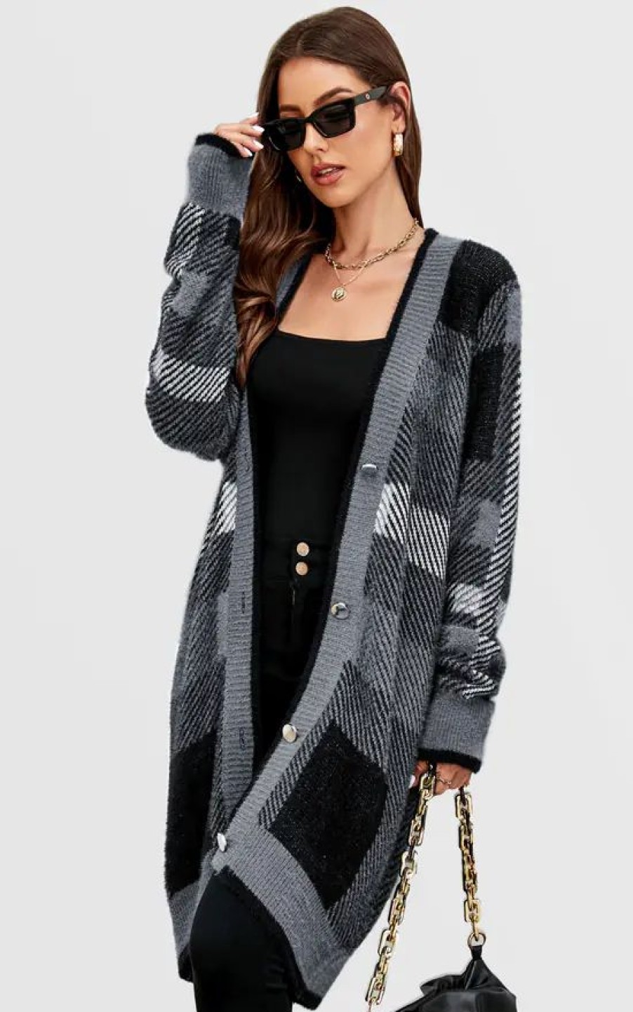 Knitwear * | Budget Fs Collection Relaxed Check Cozy Soft Cardigan In Grey