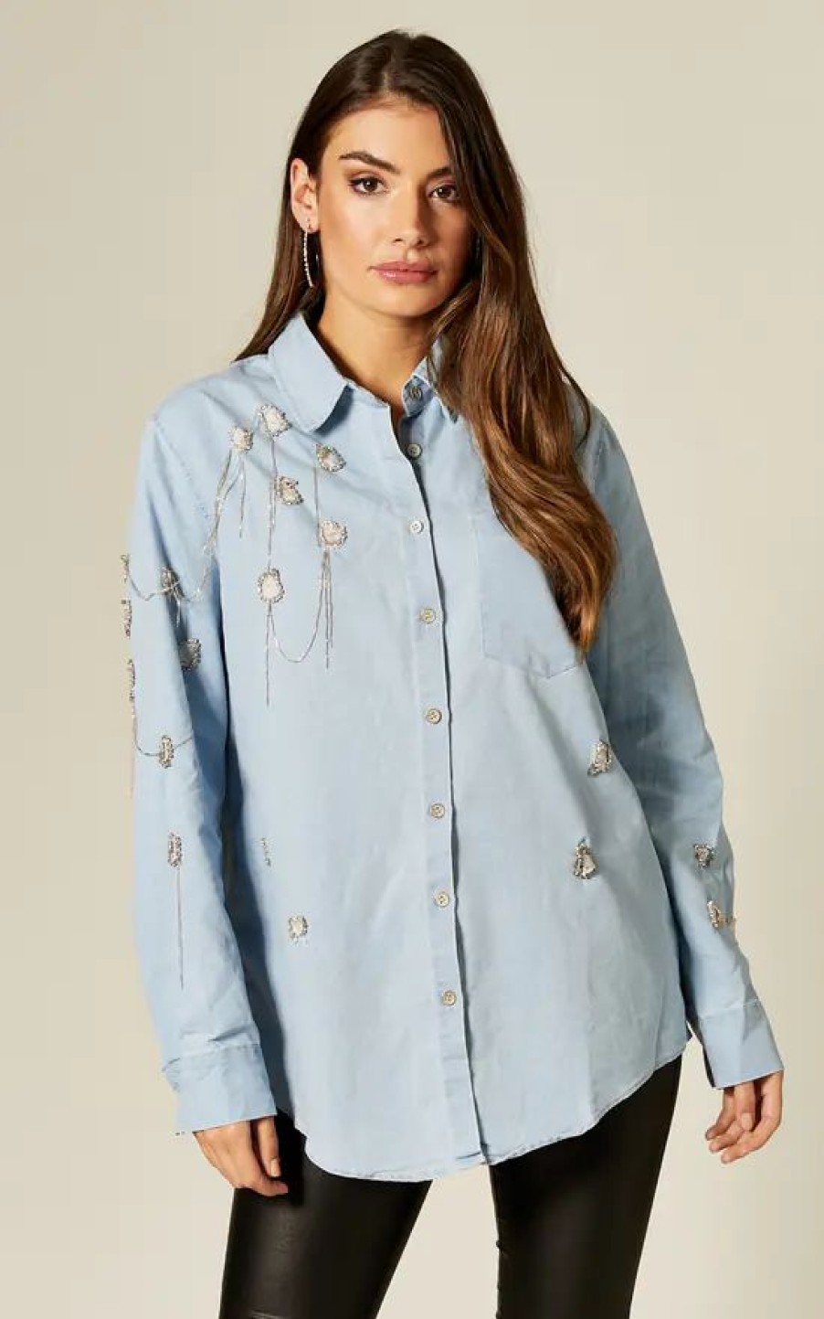 Tops * | Hot Sale Loes House Denim Blue Ripped Shirt With Diamantes