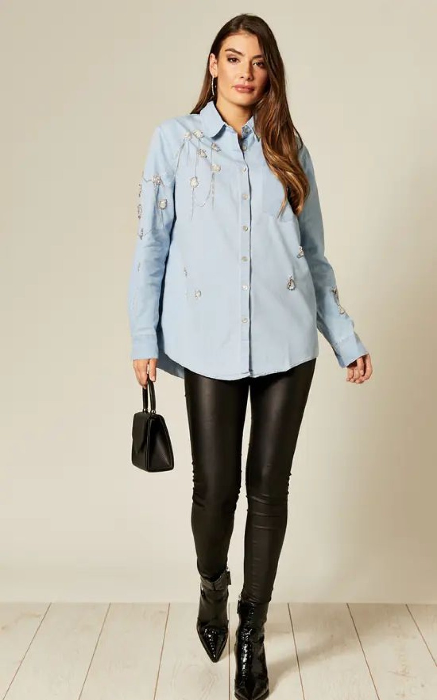 Tops * | Hot Sale Loes House Denim Blue Ripped Shirt With Diamantes