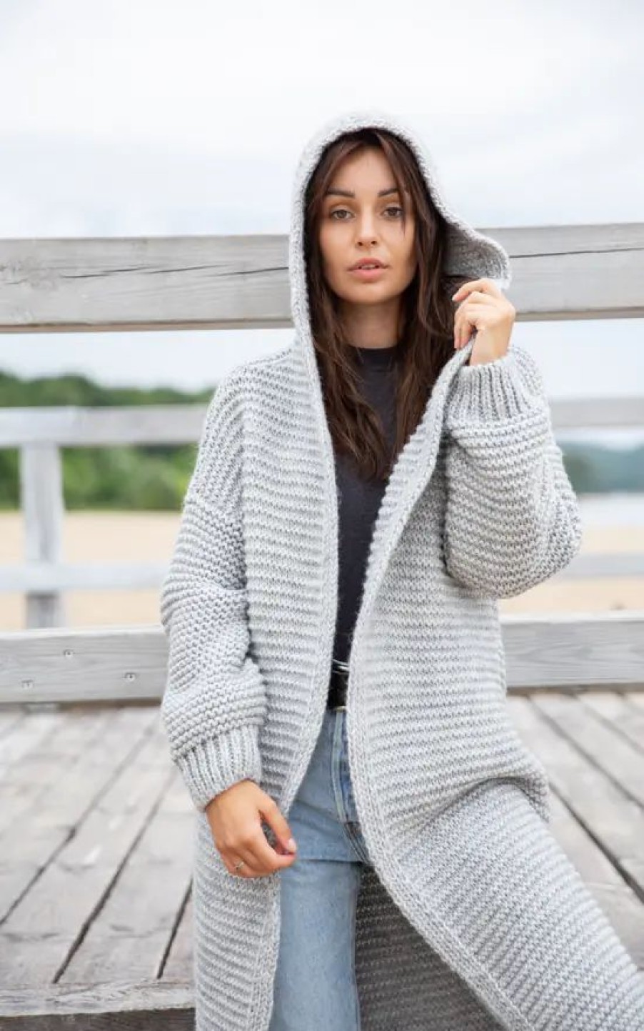 Knitwear * | Top 10 Moe Long Hooded Cardigan Tied At Waist In Grey