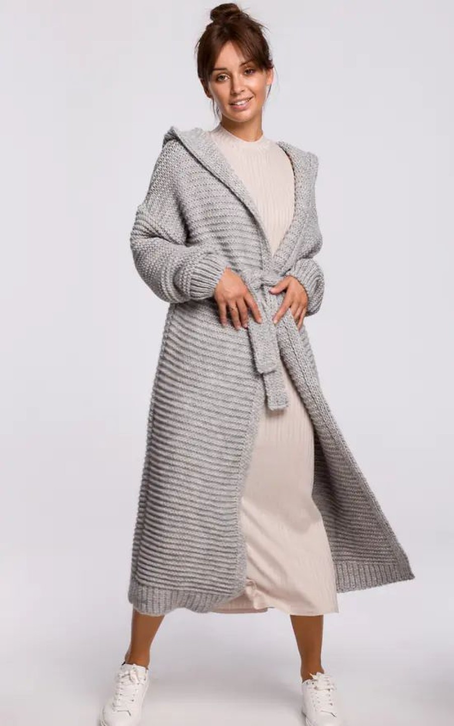 Knitwear * | Top 10 Moe Long Hooded Cardigan Tied At Waist In Grey