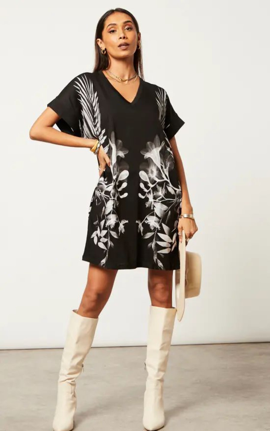 Dresses * | Cheap Religion Jersey Tunic Dress With Large Florist Placement Print In Monochrome And Side Pockets