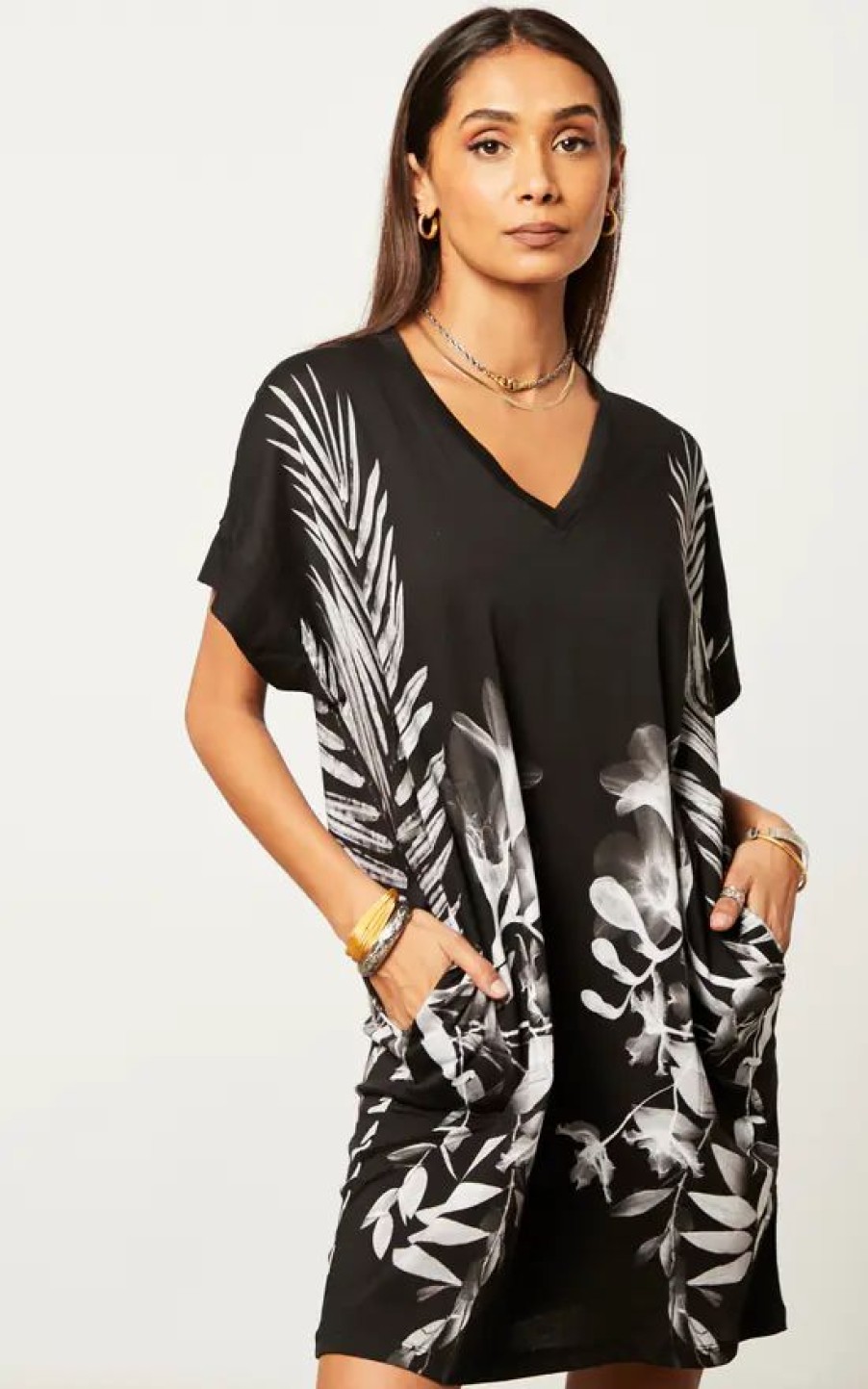 Dresses * | Cheap Religion Jersey Tunic Dress With Large Florist Placement Print In Monochrome And Side Pockets