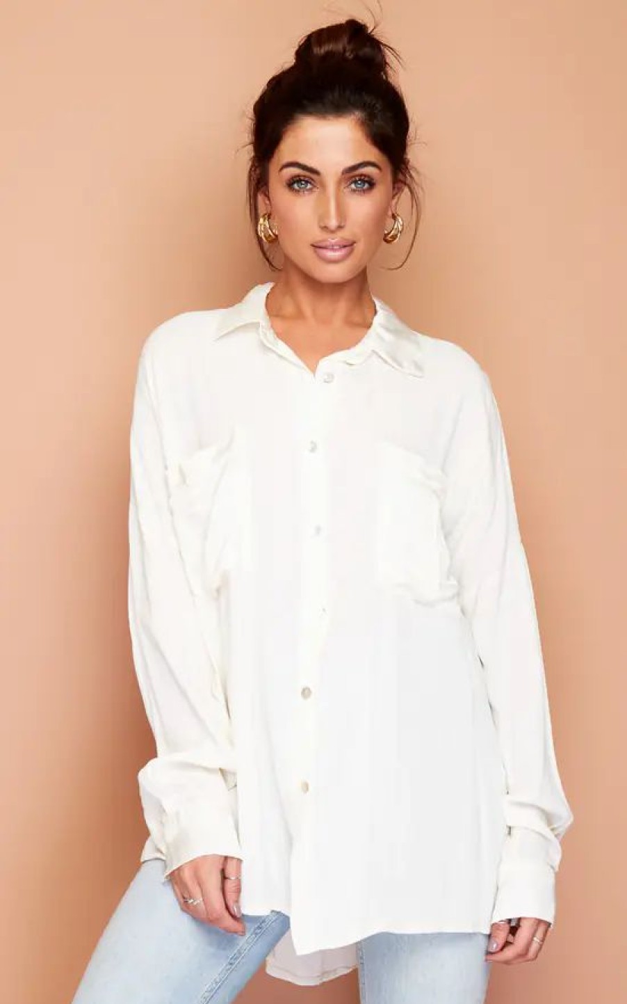 Tops * | Flash Sale Wired Angel Cream White Satin Details Summer Blouse Shirt