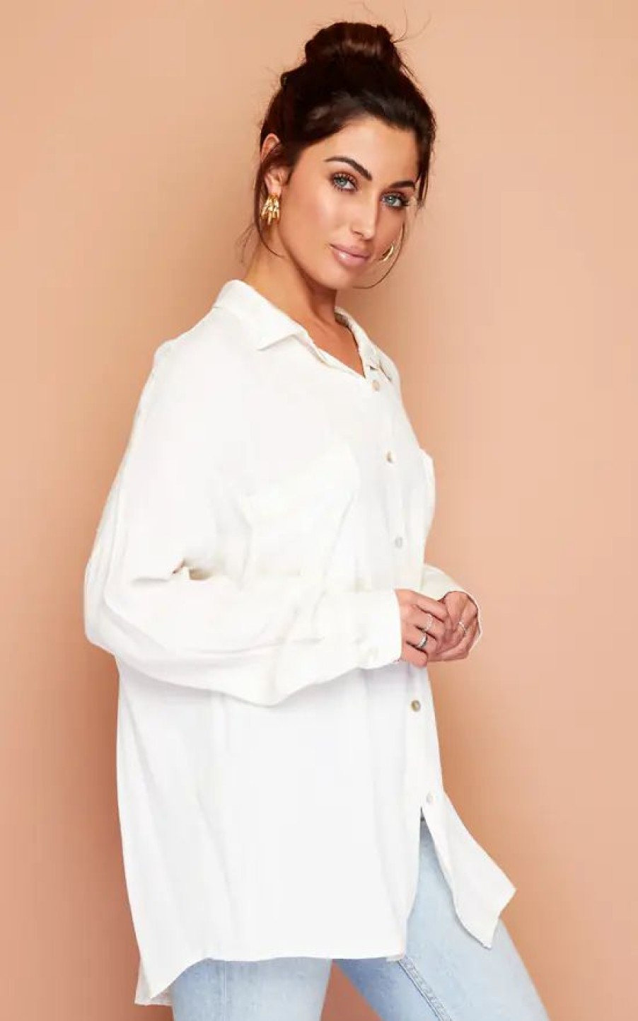 Tops * | Flash Sale Wired Angel Cream White Satin Details Summer Blouse Shirt