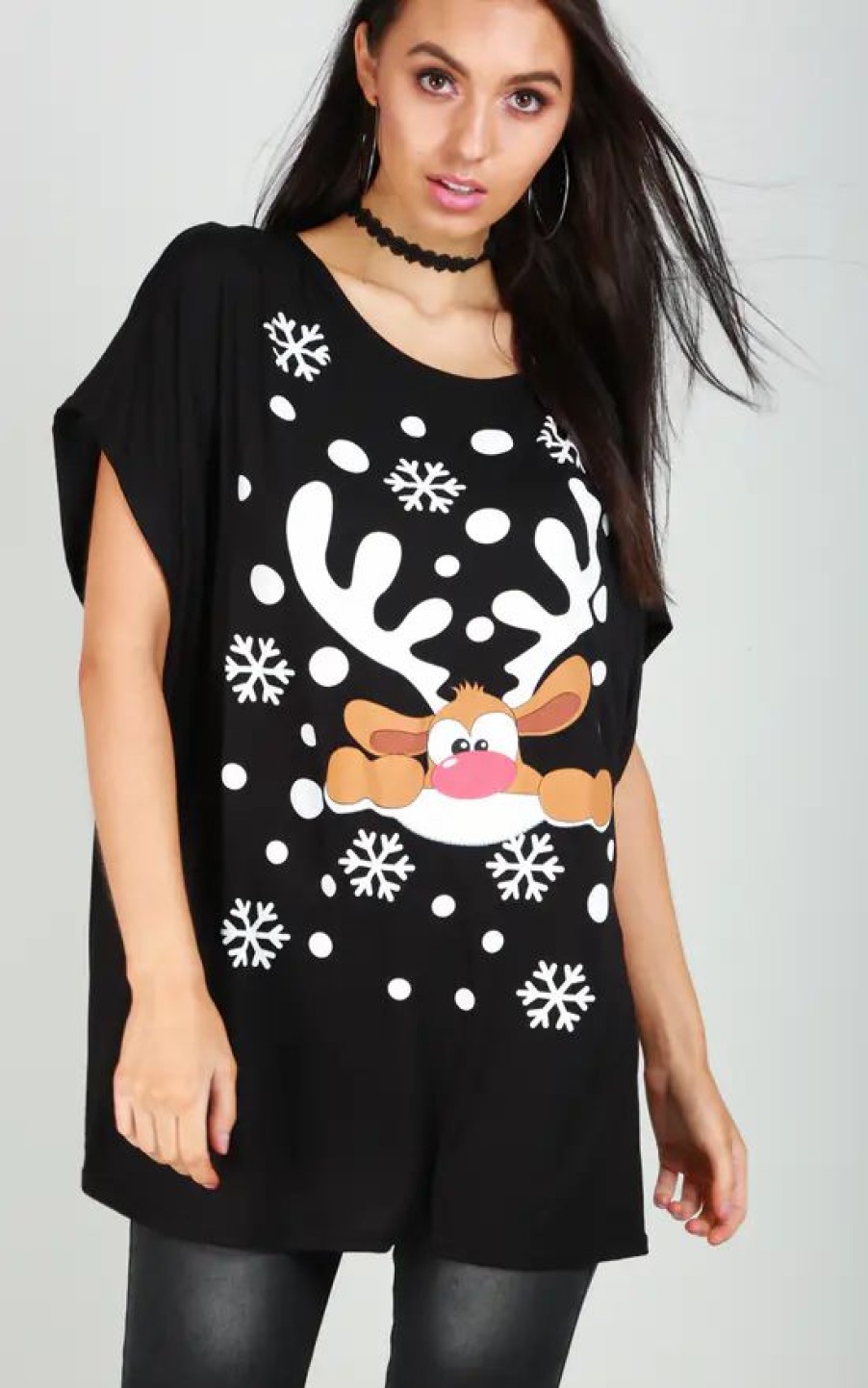 Tops * | Best Deal Oops Fashion Black T Shirt In Reindeer Christmas Print