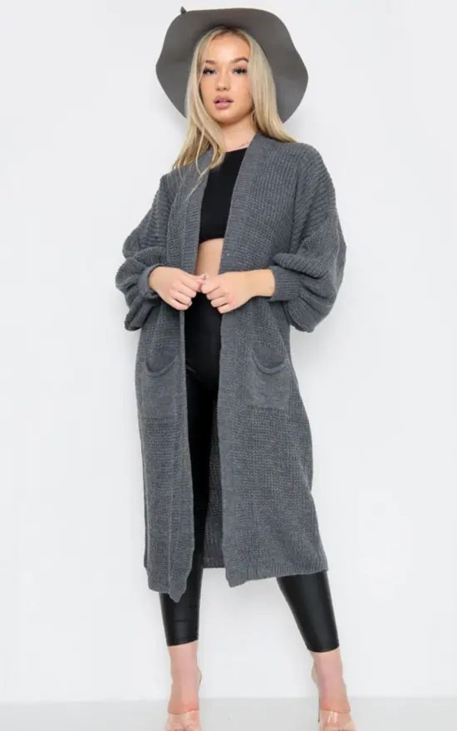 Knitwear * | Top 10 Gigiland Uk Charcoal Grey Bell Sleeve Oversized Longline Cardigan