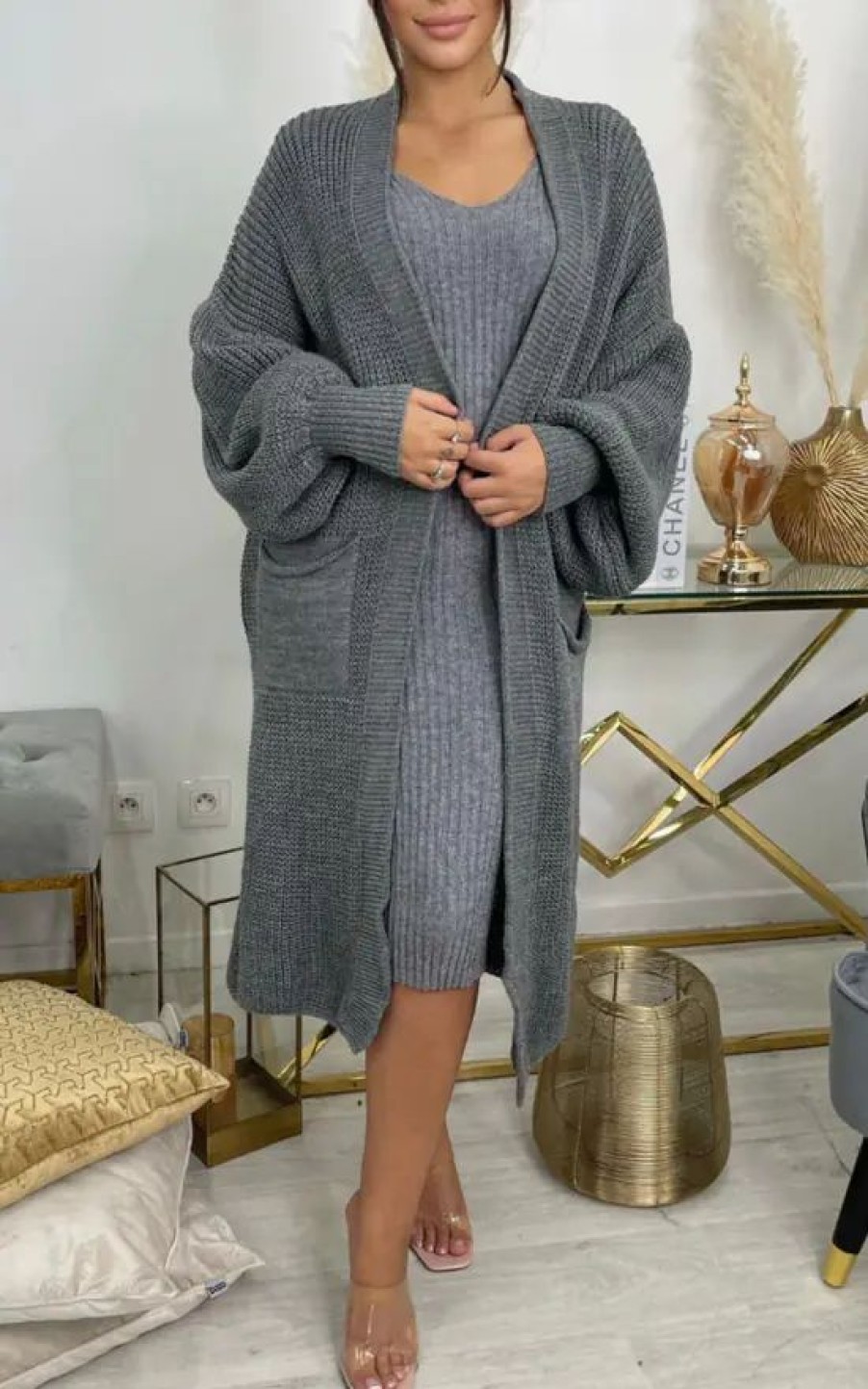 Knitwear * | Top 10 Gigiland Uk Charcoal Grey Bell Sleeve Oversized Longline Cardigan