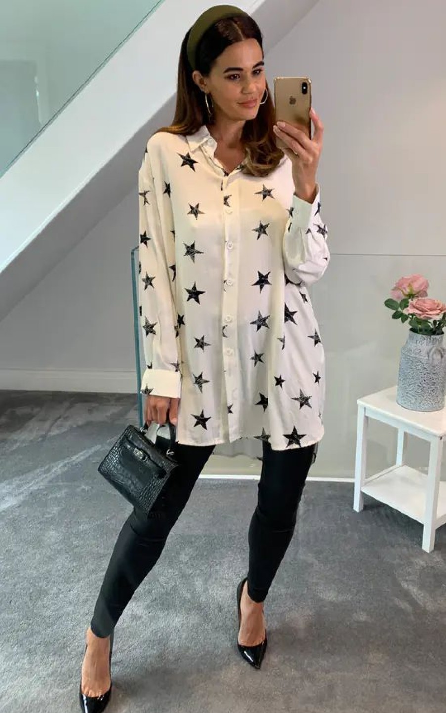 Tops * | Best Deal Hoxton Gal Oversized Tunic Shirt With Star Printed In White