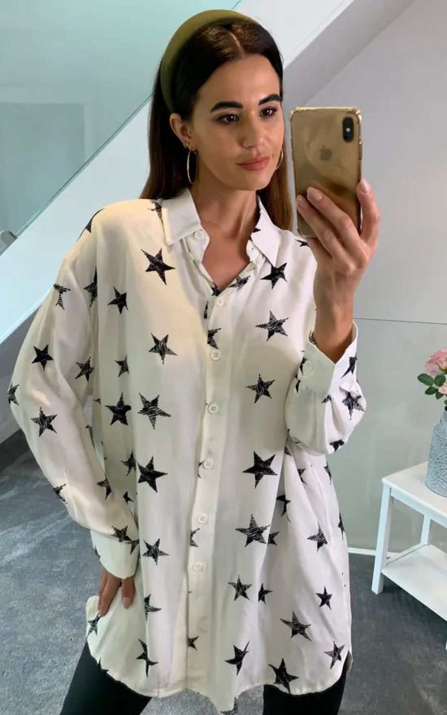 Tops * | Best Deal Hoxton Gal Oversized Tunic Shirt With Star Printed In White