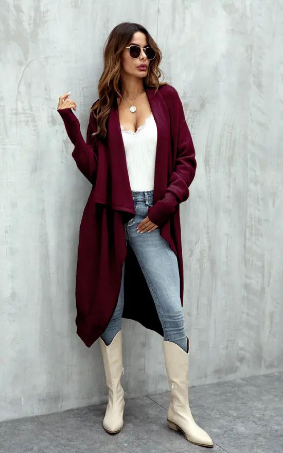 Knitwear * | Discount Fs Collection Wine Red Chunky Pleat Oversized Cardigan