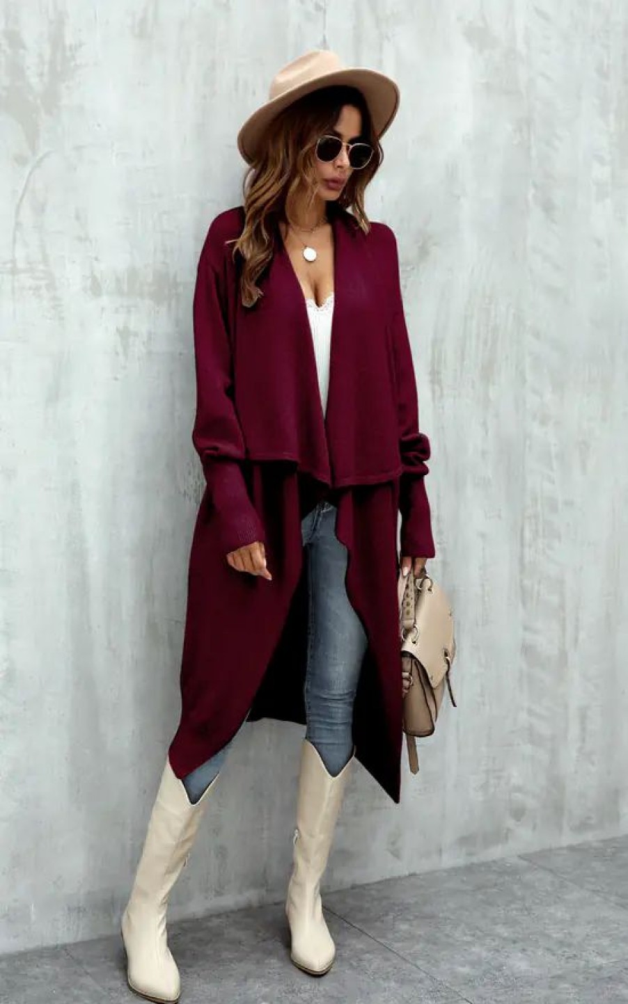 Knitwear * | Discount Fs Collection Wine Red Chunky Pleat Oversized Cardigan