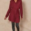 Tops * | Brand New Hoxton Gal Oversized Tie Detailed Shirt Tunic With Long Sleeves In Burgundy