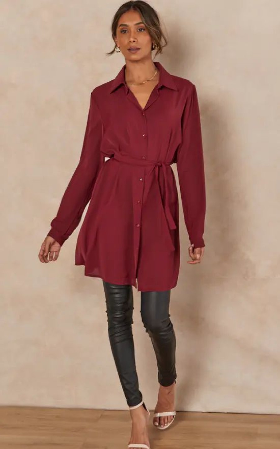 Tops * | Brand New Hoxton Gal Oversized Tie Detailed Shirt Tunic With Long Sleeves In Burgundy