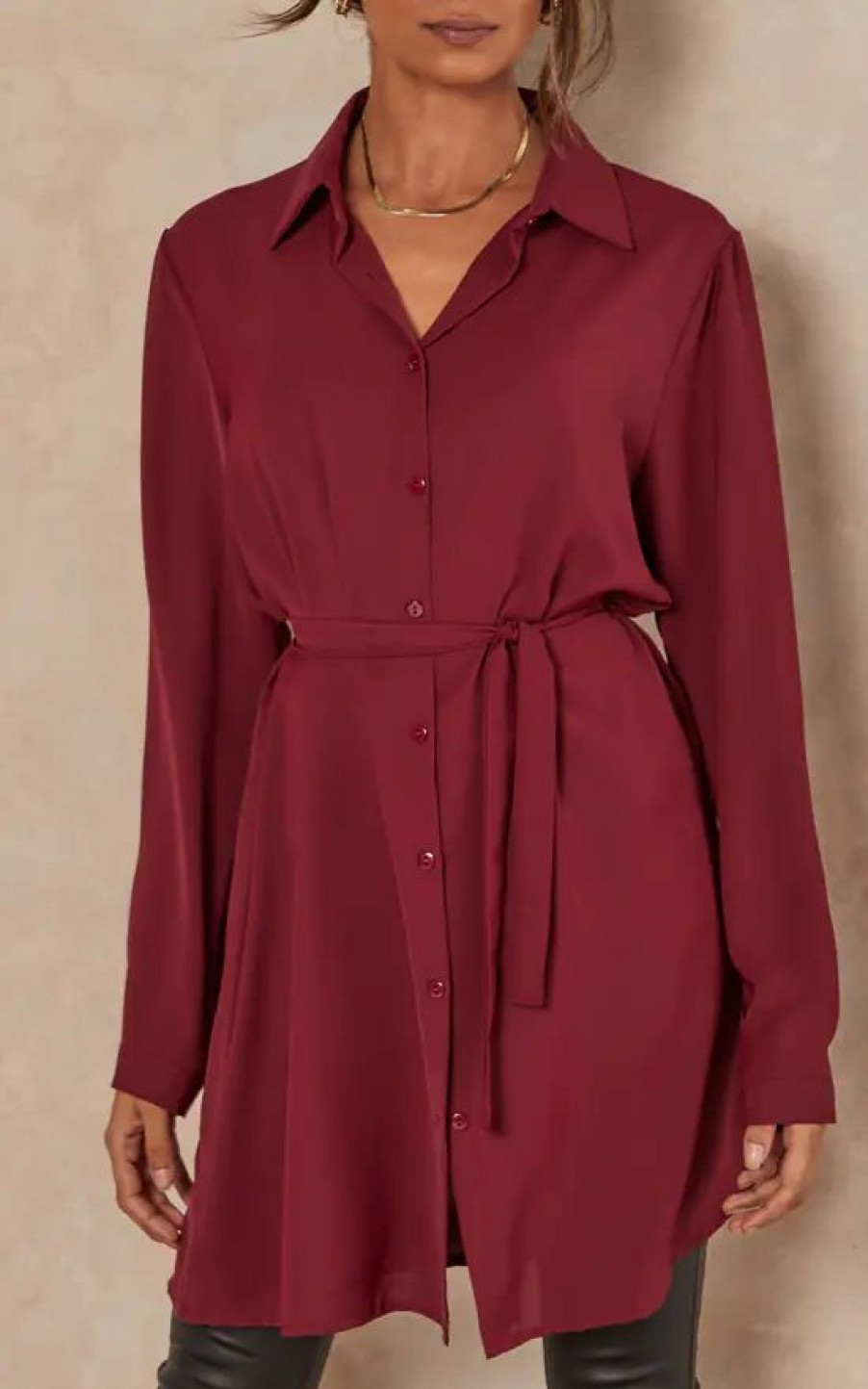 Tops * | Brand New Hoxton Gal Oversized Tie Detailed Shirt Tunic With Long Sleeves In Burgundy