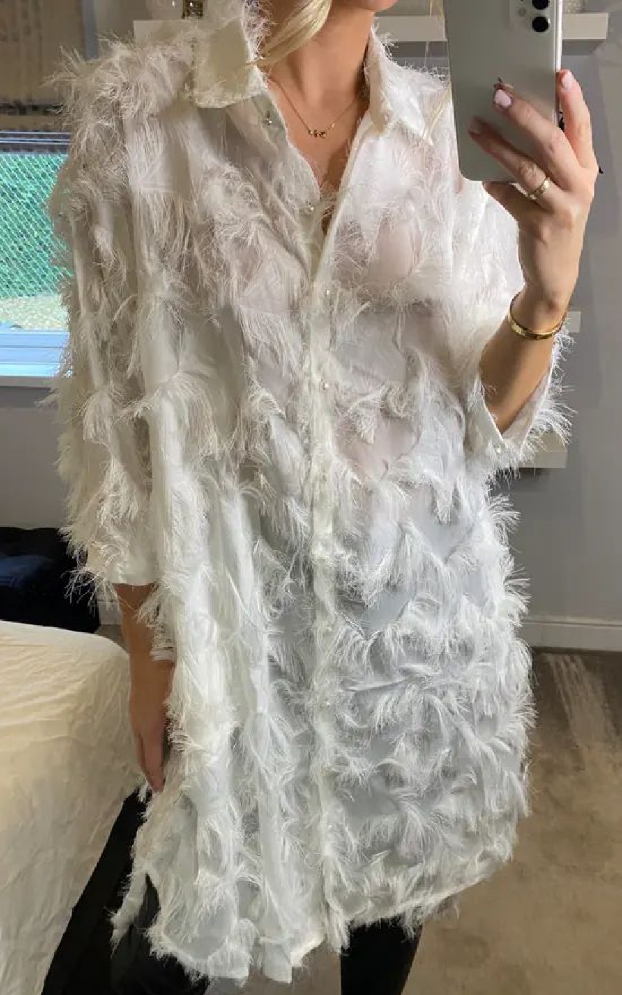 Dresses * | Brand New Cy Boutique Oversized White Shirt Dress With Feather Tassel Look Embroidery