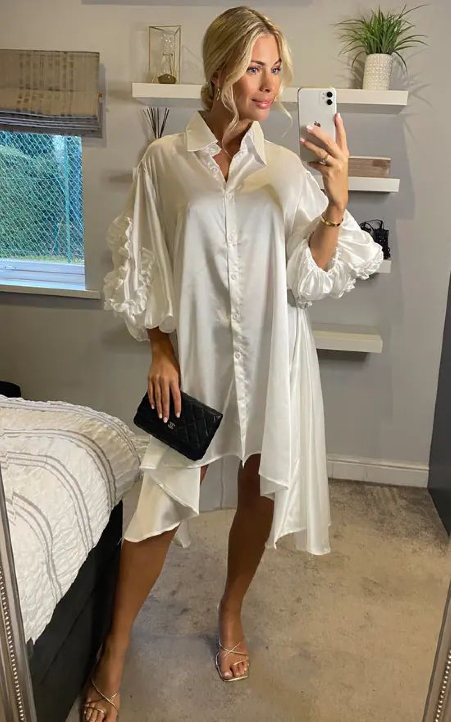 Tops * | Cheapest Cy Boutique Oversized Shirt Dress With Floral Sleeves In White