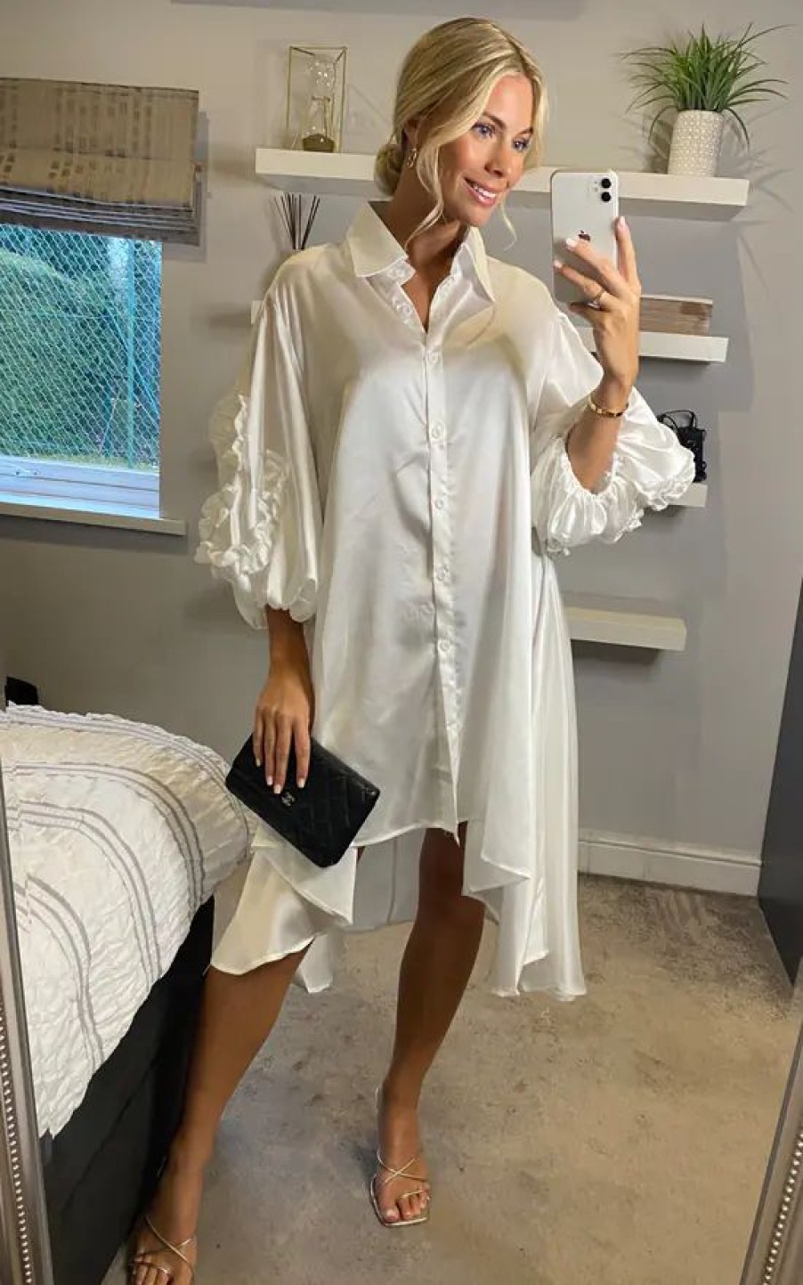 Tops * | Cheapest Cy Boutique Oversized Shirt Dress With Floral Sleeves In White