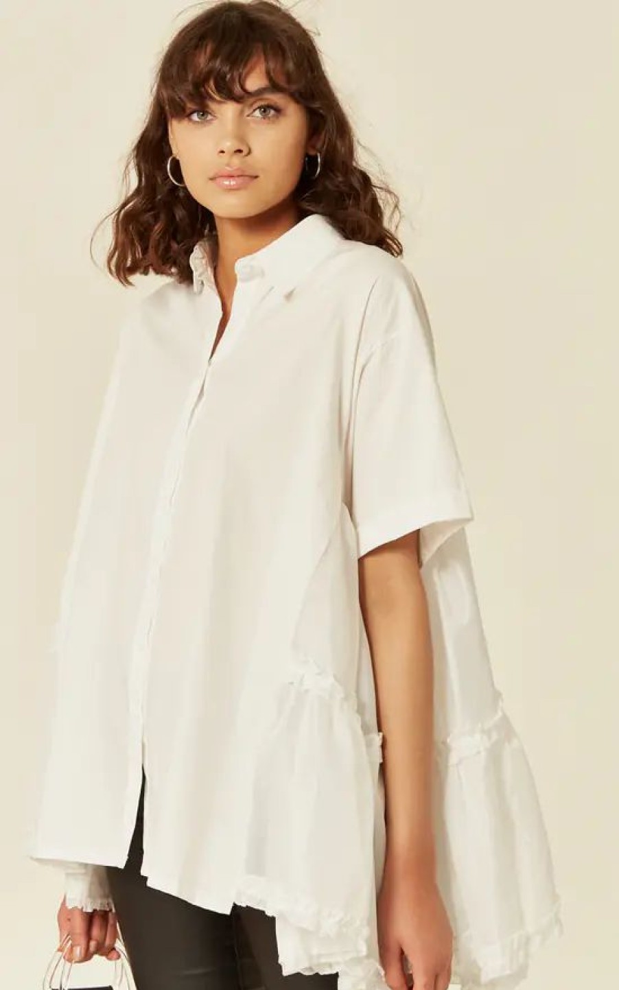 Tops * | Budget Cy Boutique Oversized Short Sleeve Shirt With Frill Detail On Sides In White