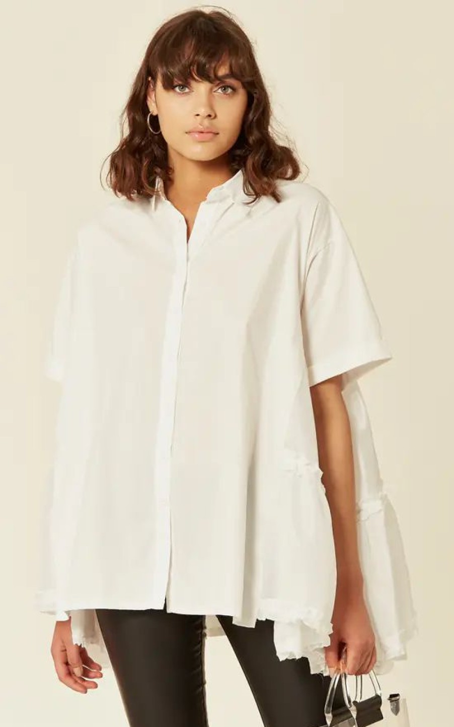 Tops * | Budget Cy Boutique Oversized Short Sleeve Shirt With Frill Detail On Sides In White